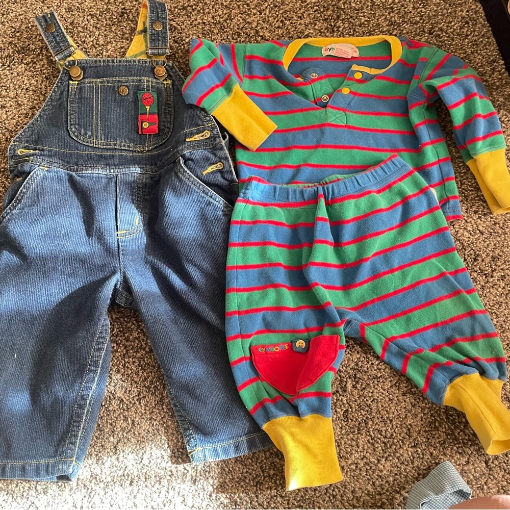 Vintage Gymboree Primary Color Striped Set and Denim Overalls 12-18 months